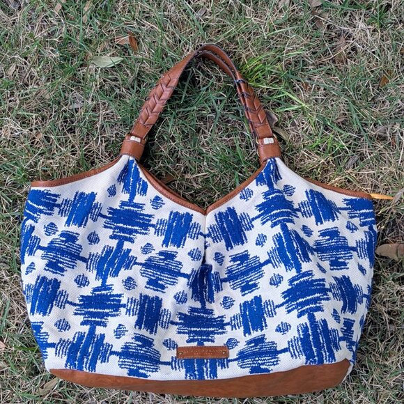 Lucky Brand Blue Embroidered Canvas & Brown Braided Handle Hobo Tote Bag - Picture 1 of 6